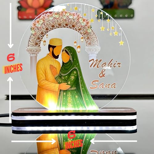 Image of Customised Muslim Wedding Led Acrylic Lamp Custom Islamic Couple Name Light Gift Nikah Decor With Stars & Lanterns Engagement Or Walima Keepsake,Green