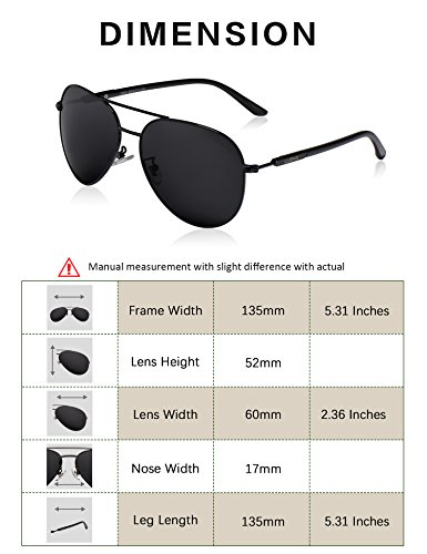 LUENX Aviator Sunglasses Mens Women Polarized Black Lens Black Metal Frame Dark 60mm with Case - UV400