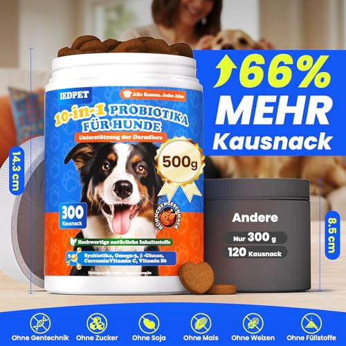 10-in-1 Probiotika für Hunde - 500g Leckerli mit wertvollen Kulturen & Präbiotika. Für das tägliche Wohlbefinden. Einfache Fütterung, hohe Akzeptanz. 300 Snacks