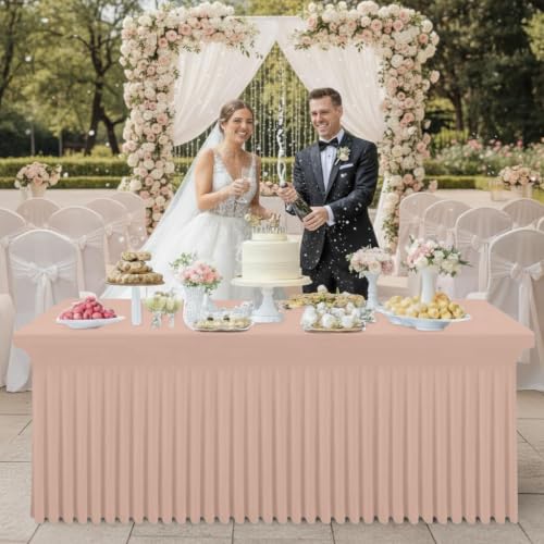 Image of Smiry Spandex Elastic Fitted Table Cloth Skirt for 6FT Rectangle Table | Stretch Washable Table Cloth, Banquet Table Cover for Wedding, Party, Indoor & Trade Shows, (Nude, 72Lx30Wx30H)