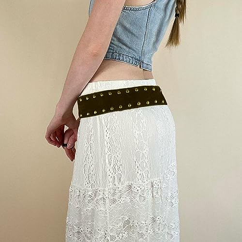 Women Vintage Leathercraft Waist Belt Punk Waist Belt Elastic Bands With Studded Rivets Brown Basic Belt4