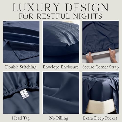 Image of KARISSA MAE Bamboo Viscose 34 inch Split Top King Size Sheet Set, FSC Certified | Single 34 inch Split Fitted Sheet | Sleep Number & Adjustable Bed | Cooling | 18 inch Deep Pocket w / Corner Straps [Navy]