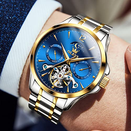 Image of OLEVS Men's Wristwatch, Popular, Mechanical Watch, Men's, Automatic Winding, Skeleton, Moon Phase, Business, Gentleman, Waterproof, Date, Calendar, Blue, Watch for Men, blue, Bracelet Type