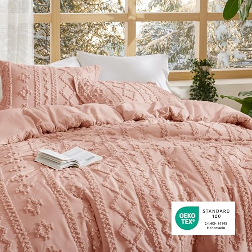 Image of Bedsure Tufted Boho Comforter Set King Size - Light Pink Boho Bed Set, GentleSoft 3 Pieces Farmhouse-Style Embroidery Bedding, Gifts for Woman, Soft Jacquard Kids' King Comforter for All Seasons