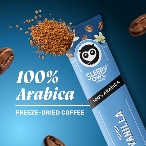 Image of Sleepy Owl French Vanilla Freeze Dried Coffee Sachets | 20g - Pack of 10 x 2g Instant Coffee Powder Sachets | 100% Arabica Beans | Aromatic Coffee Pouch | Rich & Smooth | Easy to Use & Carry