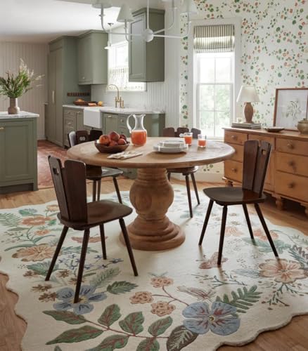 Image of Hand-Tufted Wool Carpet for Living Room 10x14 feet Ivory Floral Pattern Multicolor Anti-Skid High Pile Thick Carpet & Rugs for Bedroom & Hall