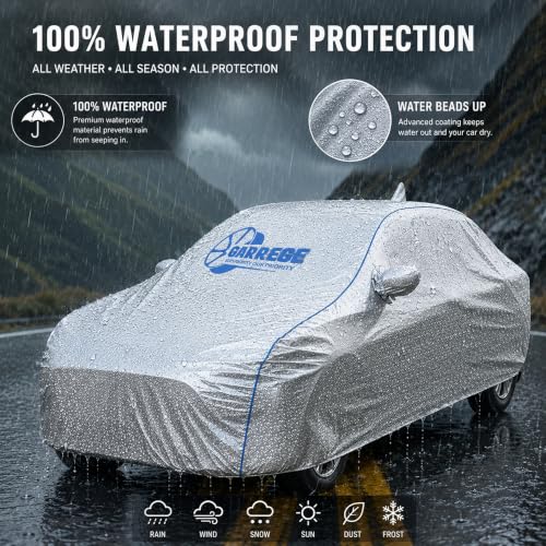 Image of Metallic Silver Triple Coated Inner Soft Lining Cotton Waterproof Car Body Cover with Mirror Pocket Blue Strap Style for Elantra Cars (Box Printed Silver)