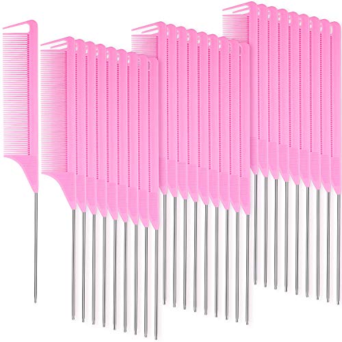 Patelai 30 Pcs Rat Tail Combs Bulk Steel Pin Rat Tail Carbon Fiber Heat Resistant Teasing Combs Fine Tooth Pintail Braiding Hair Tools for Stylists Salon Sectioning Detangling(Pink)