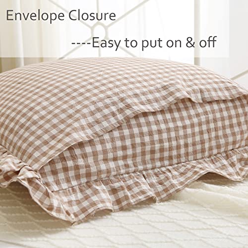 K Masaniji 2 Pack Taupe Plaid Ruffle Euro Pillow Shams 26X26 Inches, Washed Cotton Brown And White Checkered Farmhouse Shabby And Chic Pillow Covers For Bed/Sofa (26X26 Inches, Taupe/White Plaid) #TOP2