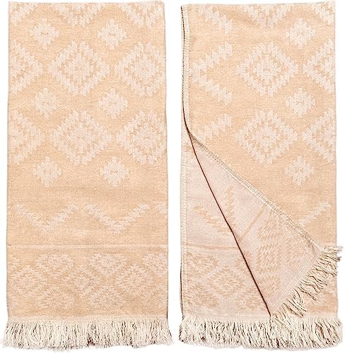 RAY SILVER Aztec Turkish Hand Towels Set of 2 100% Cotton Peshtemal Soft Feel 18 x 36Inches Light Weight Travel Camping Bath Sauna Beach Gym Pool Blanket Quick Dry Oversized Towel (Nude, Hand Towel)