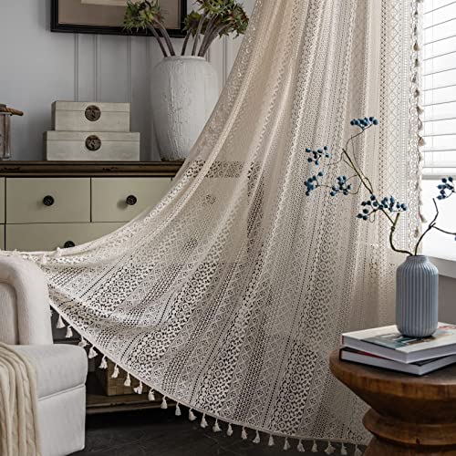 Gyihoong Boho Sheer Curtains, Macrame Lace Semi-Sheer Crochet Curtains & Drapes, 2 Panels 63 Inch Long Vintage Tassels Windows Curtains Panels For Bedroom Living Room (59" X 63" Beige) #TOP9