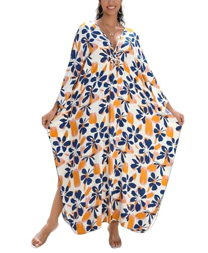Image of IMAGEKOPE Women's Plus Size Animal Print V-Neck Batwing Kaftan Beach Dress Bathing Suit Cover-Up Loungewear