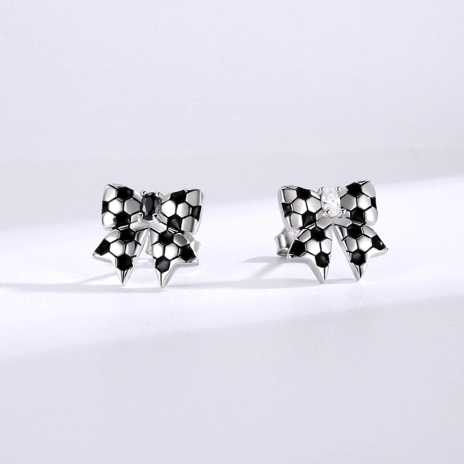 Sterling Silver Soccer Stud Earrings Black and White Bow Border Soccer Earrings for Women Soccer Jewelry Gifts for Sport Lovers Fans