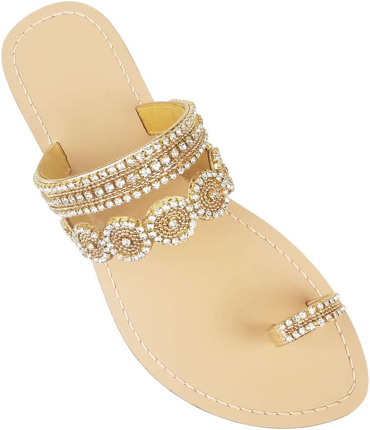 AIJIVOU Women's Rhinestone Flat Sandals, Women Flip Flops with Clip Toe RingBeadeed Rhinestone Crystal Jeweled Sandal Shoes for Summer Beach Oceanside Holiday Outdoor