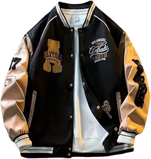 YeGang Men\'s Varsity Jackets - College Bomber Jacket Vintage Sweatshirt Casual Unisex Streetwear Y2k Oversized Coats with Patch PU Leather Sleeves