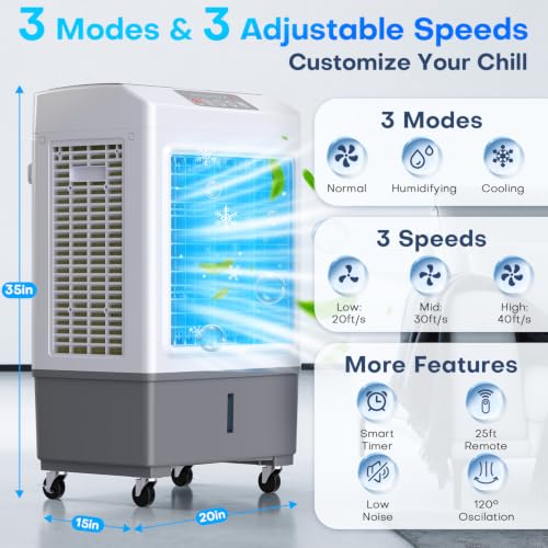 Image of 3600CFM Swamp Cooler Air Conditioner, 12Gal Dual Tank, 120 Oscillation for 1000Sq.ft Cooling Evaporative Air Cooler w / 3Modes&3Speeds, Timer, Windowless Portable Air Conditioner for Bedroom