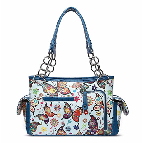 Western Style Butterfly Flower Concealed Carry Spring Purse Country Handbag Women Shoulder Bag Wallet Set (Blue)4