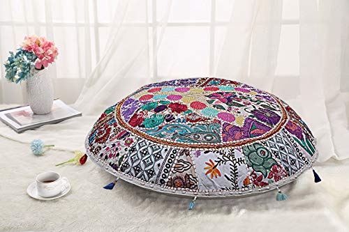Dk Homewares Indian Bohemian Floor Pillow Bed Stool Chair White 22 Inch Patchwork Yoga Pouffe Footstool Home Decor Embroidered Vintage Cotton Round Floor Cushions For Kids 22X22 #TOP19