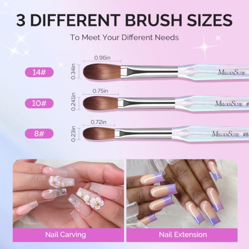 Image of MelodySusie Acrylic Nail Brush Set, Size 8,10,14 Transparent Nail Brushes