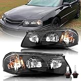 Aosky Headlight Assembly Compatible with 2000-2005 Chevy Impala Halogen OE Style Replacement Front Light Headlamp Pair Set Black Housing & Amber Reflector with All Bulbs