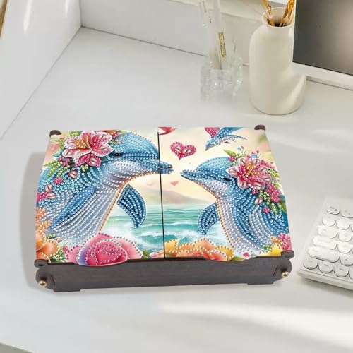 Image of Diamond Painting Kit Wooden Storage Box, Dolphin DIY Special Shaped Diamond Flip Cover Wooden Money Box, Handmade Art Desktop Decorations Birthday Gifts for Friends