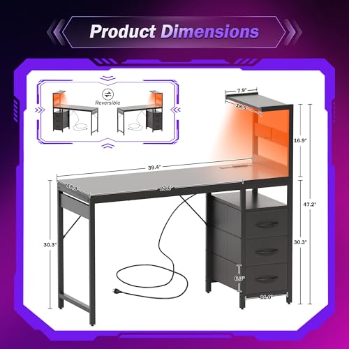 Image of YOUDENOVA 40 Inch Gaming Computer Desk with Led Lights, Small Desk with Storage Shelves and Drawers, Reversible Compact Gamer Table for Home Office, Carbon Fiber Black