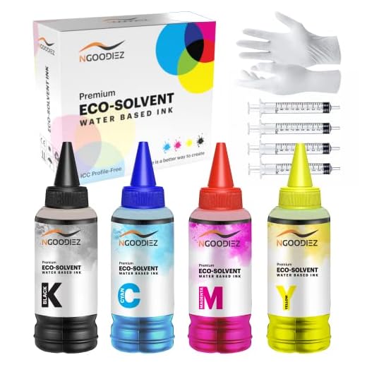 NGOODIEZ Eco Solvent Ink - Water Based Printer Ink, Fast Drying Refill Ink Bottle for Epson EcoTank, & WF Series Printers - Ideal for HTV, Vinyl Stickers, Decals, T-Shirts, Mugs (1B/1C/1Y/1M, 400ml)