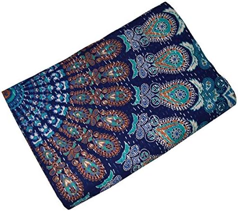Miniatura 2 de YUVANCRAFTS Colcha vintage india Kantha con estampado tradicional de mandala Kantha, manta de edredón (azul y verde, tamaño individual)