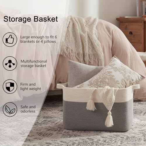 Image of OIAHOMY Large Blanket Basket, 65L Cotton Rope Woven Laundry Basket, Toy Bin for Baby Room, Container for Blanket Storage in Living Room, 20''x16''x12'', Grey & White