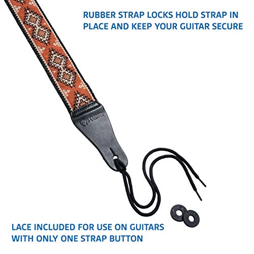 Kliq Vintage Woven Guitar Strap for Acoustic and Electric Guitars | '60s Jacquard Weave Hootenanny Style Rubber Strap | 2 Locks Included | Sienna Navajo & Beige