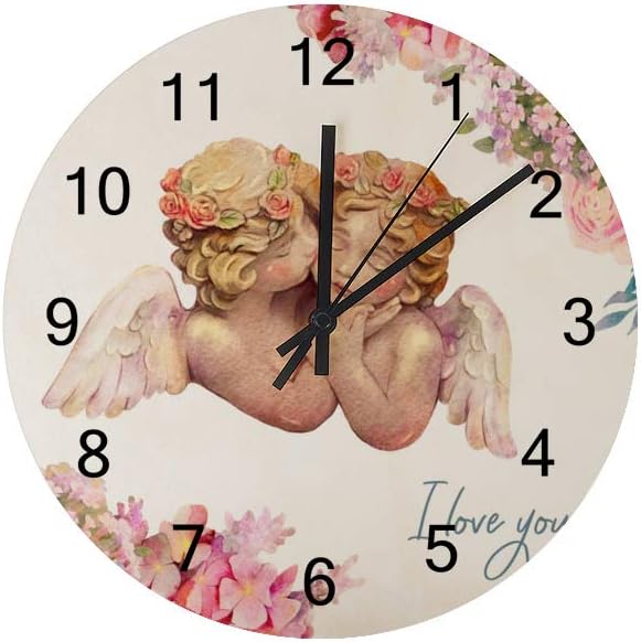 Kuizee Wall Clock Cute Watercolor Angels Cherub Uncovered Wooden Mute Decoration Home Office Bedroom 12Inch
