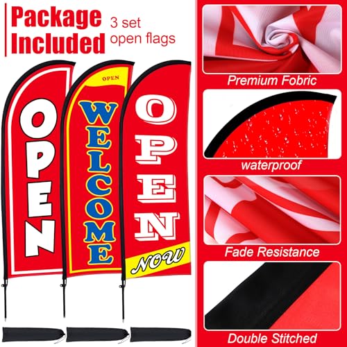Image of Buryeah 3 Sets Now Open Feather Flag Banner for Business Advertising 7 Feet Tall Grand Opening Feather Flag Sign with Fiberglass Pole Kit Rotating Ground Spike and Portable Bag(Red)