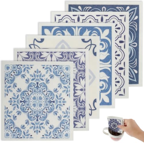 6 Pack Swedish Dishcloths for Kitchen 7.7 x 6.7 inch Reusable Absorbent Kitchen Dish Rags for Doing Housework (B, 6Pcs)