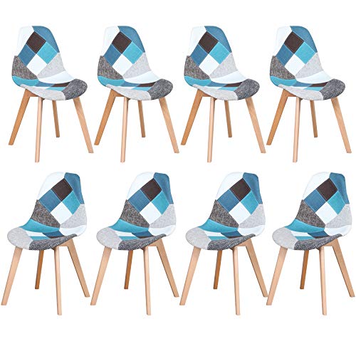 GrandCA HOME Lot de 8 chaises de Salle à Manger, Chaise de Style scandinave, chaises Patchwork, Chaise en Lin avec Pieds en Bois Massif pour Salle à Manger, Salon, Restaurant (Bleu-8) Cover