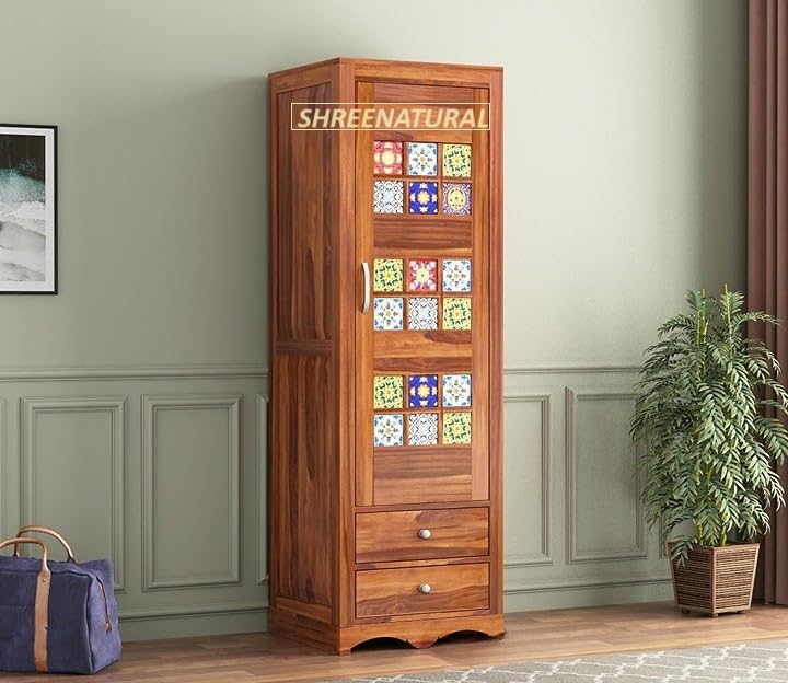 Solid Sheesham Wood 1 Door Almirah/Wardrobe/Cupboard Cabinet with Storage of 1 Shelves with Hanging Rod for Clothes and 2 Drawers for Bedroom Home (Honeys)-image-26