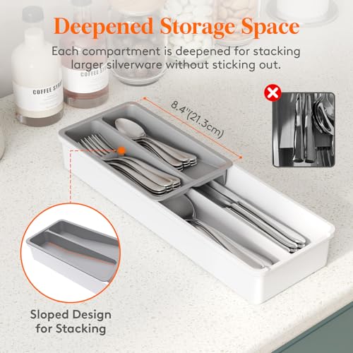 Lifewit Compact Silverware Organizer for Kitchen Drawer, Narrow Flatware Tray Holder, Plastic Cutlery Spoons, Forks and Knives Storage, White&Gray, 1 Pack