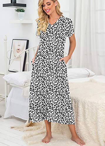 Prinstory Womens Long Nightgown Short Sleeve Nightshirt V-Neck Soft Loungewear Casual Sleepwear With Pockets Fp-Leopard White-X-Large #TOP1