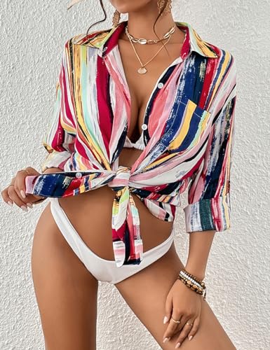 Image of Bsubseach Women Long Sleeve Beach Shirt Blouses Bathing Suit Cover Up Button Down Collar