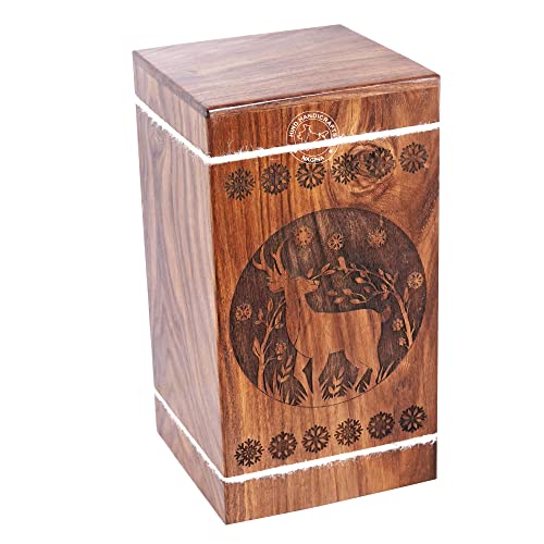 Image of Handcrafted Floral Engraved Wooden Urns for Human Ashes Adult Large - Buck Deer Cremation Urn for Ashes - Burial Urn for Columbarium - Funeral Urn Box (250 LB - Rosewood, Design-1)