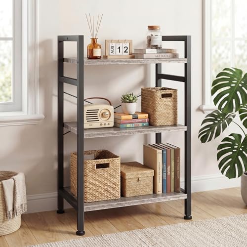 Image of DUMOS 3 Tiers Bookshelf, Classical Book Shelf, Tall Display Shelves in Living Room /Home /Office, Storage Organizer for CDs /Books /Movies, Wood Grey