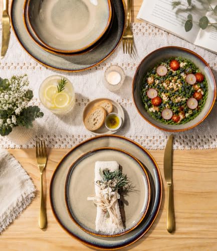 Image of Ceramic Dinnerware Set for 4, 12-Piece Plates and Bowls Set | Handmade Reactive Glaze Dish Set, Scratch Resistant, Oven & Microwave & Dishwasher Safe, Mocha Brown