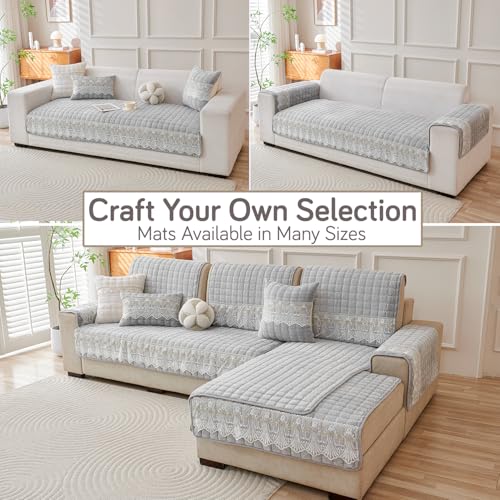 Image of HOKIPO 'BelleLace Series' Imperial Milk Velvet Sofa Cover Mat with Lace Design| Make Your Own Sofa Cover Set, Mat Length 90(D) x 90(L) cm, Cloud Grey (AR-5963-LGRY)