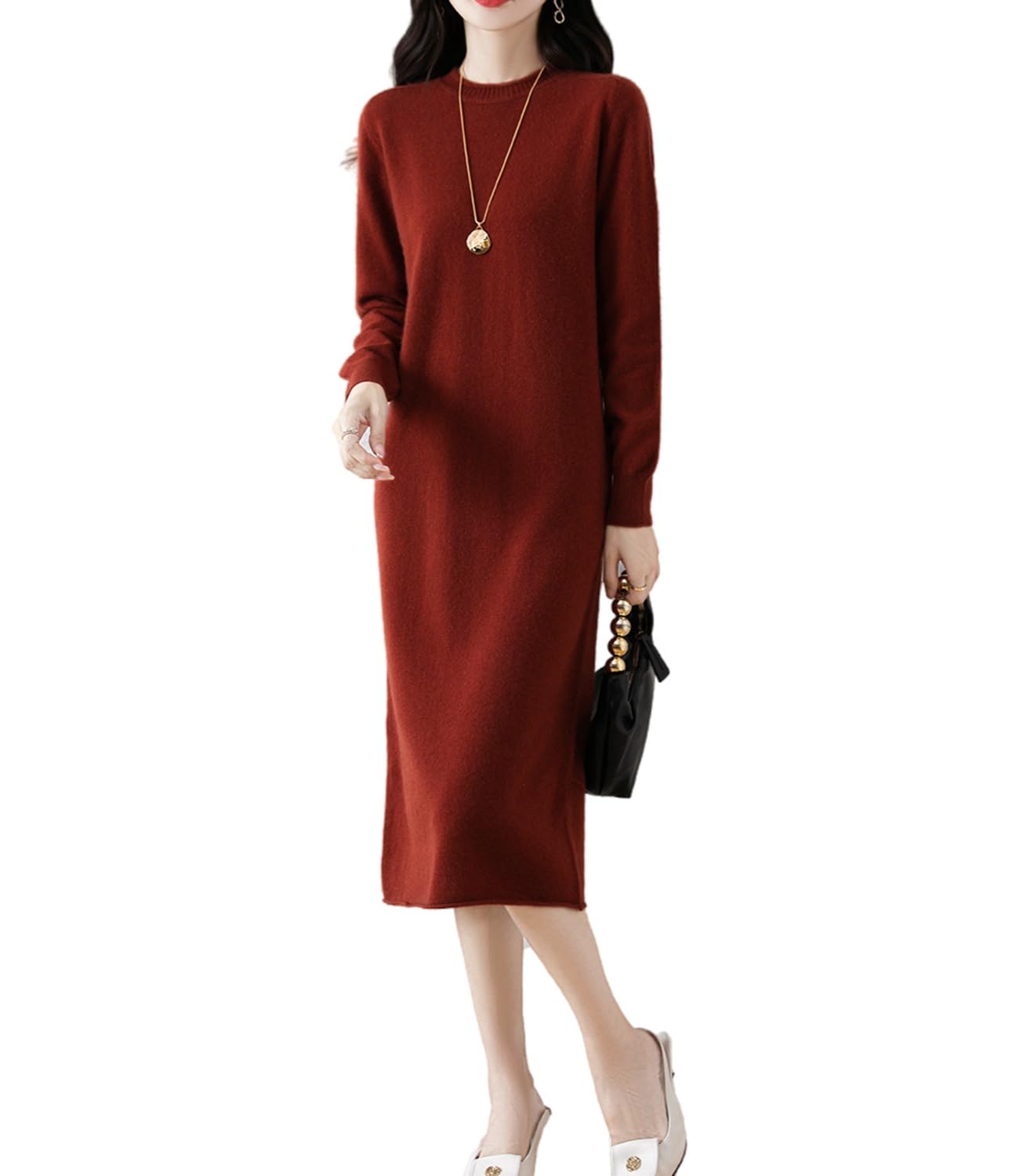 Sweater Dress Womens Long Sleeve Merino Wool Knitted Pullover O Neck Crewneck Saddle Shoulder Tops