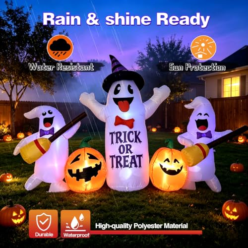 Image of 8FT Halloween Inflatable Ghosts with Broom & Pumpkins, LED Yard Decor