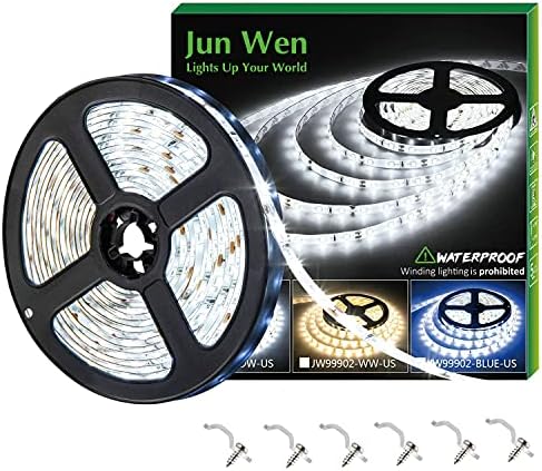 JUNWEN 16.4ft White Led Strip Lights, 12V Outdoor Led Strip Lights Waterproof Flexible Led Light Strip Indoor Plug in Cuttable SMD2835 led Strip Light for Bedroom Cabinet Kitchen TV Hallway Bar