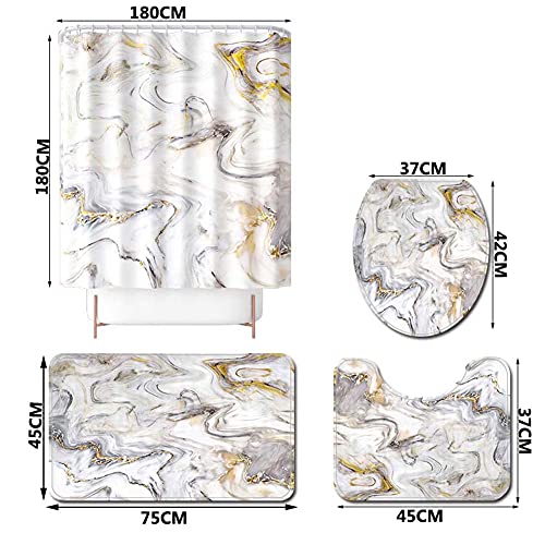 ETOPARS Marmor Textur Badezimmer Duschvorhang Teppich Set 4-teilige weiche und rutschfeste Badematte, U-förmiger Kontur… – Bild 6