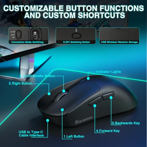 Image of SOLAKAKA SM850 Gaming Mouse Wireless, 24000 DPI, 55g Lightweight Mouse Gaming, 6 Programmable Buttons, Ergonomic Computer Mouse, Tri-Mode BT5.1 /2.4G /USB-C 250h Battery Life PC Gamer Mice for Laptop