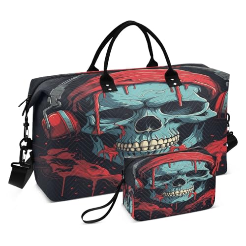 Red Music Skull Travel Duffel Bags Gym Bag Weekender Handbag with Toiletry Bag for Women Girls Men