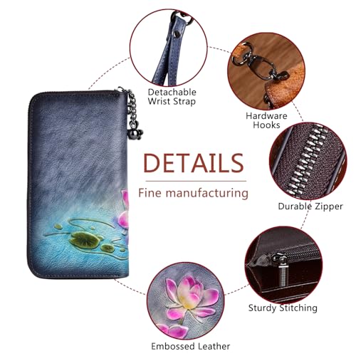 Image of Wallet Genuine Leather for Women - with RFID Blocking Card checkbook ID Slot Large Capacity Vintage style (lotus black)
