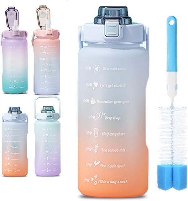 Menzs 2.2L Motivational Water Bottle with Straw Leak Proof Reusable Large Durable with Handle Portable for Sports Cycling Running Work Picnic with a Cleaning Brush(Blue/Orange Gradient)